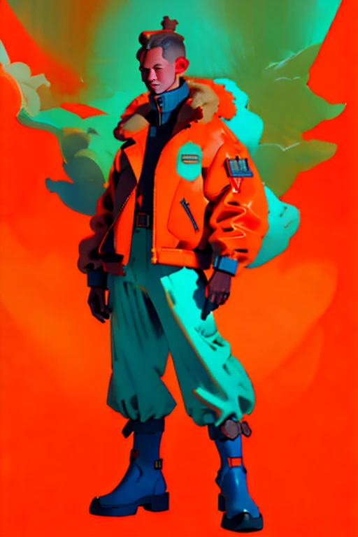 full body image, (ultra detailed,ultra high res,detailed background),((2D)),((flat color)),((muted color)), 1solo, looking at viewer, baggy flight suit, large fur collared bomber jacket, (big red galoshes), plush collar, full body image, square helmet, ((smokey blue background)), ((apocalyptic city)), entire body in frame,