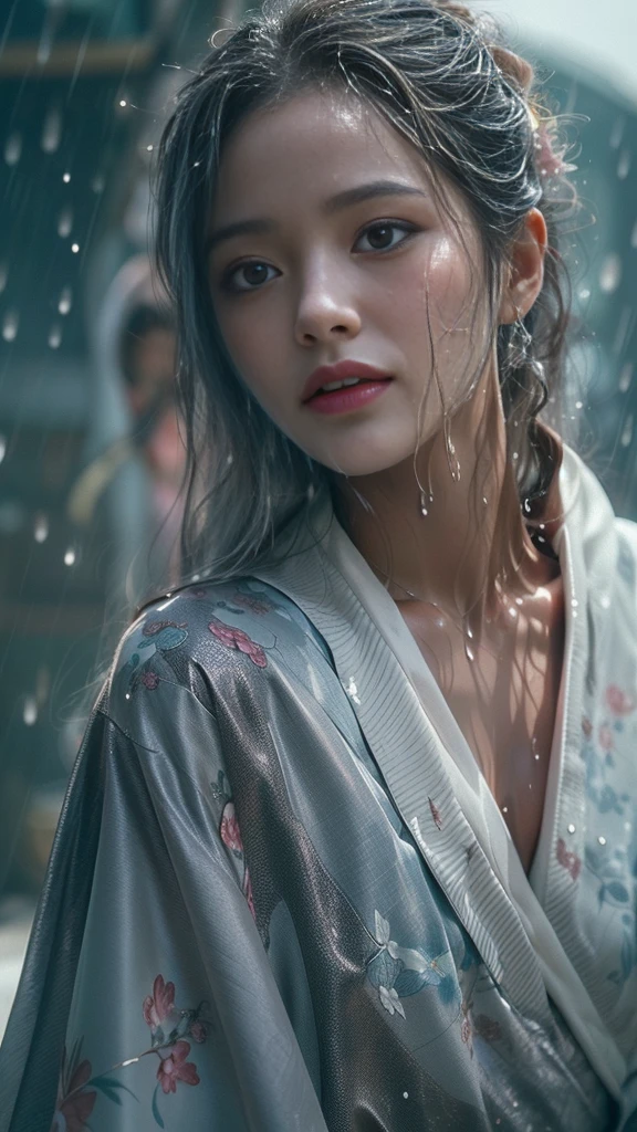 (RAW shooting:1.5, Photorealistic:1.5, 16k, highest quality, masterpiece, Ultra-high resolution), Perfect dynamic composition:1.3, (heavy snow, On a cliff on a precipitous cliff, Great background, Expressions of sadness:0.9), Highly detailed skin and facial textures:1.3, Wet slim woman:1.2, Random Shot, Fair skin:1.2, Mysterious portrait:1.1, Incredibly slim body:1.2, aesthetic:1.1, Very beautiful face:1.2, Water droplets on the skin, (Rain dripping down on my body:1.1, Wet body:1.1, Wet Hair:1.1), (Professional kimono dressing:1.1, With a wet bouquet:1.2, The correct way to wear a wet silver kimono:1.3), (Shapely breasts, Chest gap),  (Beautiful erotic eyes:0.8, Beautiful, erotic lips:0.8), (Too erotic:0.9, Fascinating:0.9), necklace, Earrings, bracelet