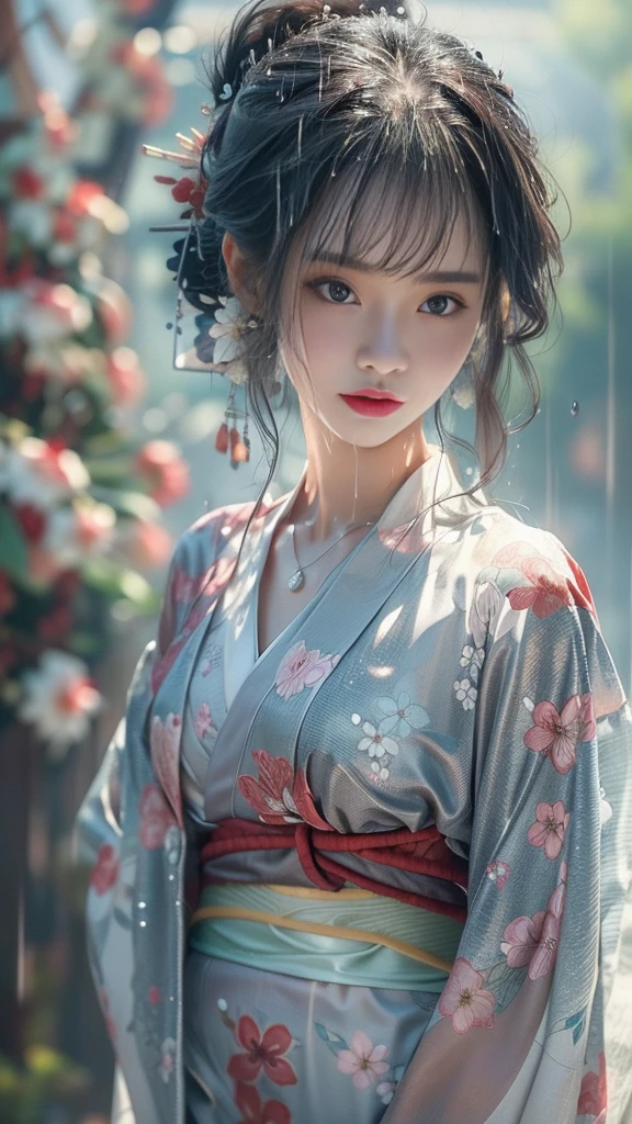 (RAW shooting:1.5, Photorealistic:1.5, 16k, highest quality, masterpiece, Ultra-high resolution), Perfect dynamic composition:1.3, (heavy snow, On a cliff on a precipitous cliff, Great background, Expressions of sadness:0.9), Highly detailed skin and facial textures:1.3, Wet slim woman:1.2, Random Shot, Fair skin:1.2, Mysterious portrait:1.1, Incredibly slim body:1.2, aesthetic:1.1, Very beautiful face:1.2, Water droplets on the skin, (Rain dripping down on my body:1.1, Wet body:1.1, Wet Hair:1.1), (Professional kimono dressing:1.1, With a wet bouquet:1.2, The correct way to wear a wet silver kimono:1.3), (Shapely breasts, Chest gap),  (Beautiful erotic eyes:0.8, Beautiful, erotic lips:0.8), (Too erotic:0.9, Fascinating:0.9), necklace, Earrings, bracelet