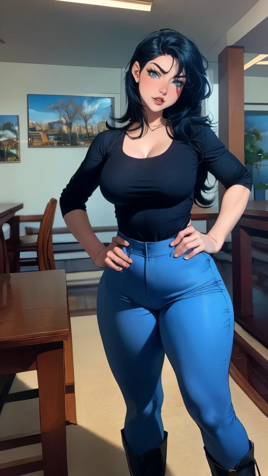 ((A young woman with long flowing dark blue hair, franja lateral longa cobrindo o lado direito do rosto, sobrancelhas grossas e arqueadas para cima, grandes olhos expressivos, um rosto oval delicado, uma boca larga sensual, a mocking expression, uma jaqueta curta verde esmeralda estilo artes marciais de fantasia com uma camiseta azul, uma gola alta, mangas enroladas, matching fabric pants, um cinto amarelo, Botas de combate de couro, One hand rests on the hip, cercado por uma aura de energia ciana, standing in a fantasy style Chinese tavern)), This character embodies a finely crafted anime-style fantasy martial arts heroine, exquisite and mature manga art style, pale skin, High definition, melhor qualidade, high resolution, ultra-detalhado, Pintura ultrafina, extremamente delicado, Profissional, Anatomicamente correto, Symmetrical face, olhos e rosto extremamente detalhados, olhos de alta qualidade, criatividade, Foto CRU, UHD, 32k, Luz natural, cinematic lighting, Obra de arte-anatomy-perfect, Obra de arte:1.5
