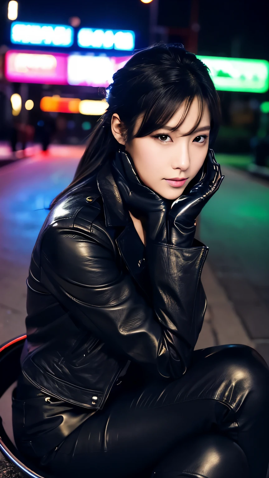 black leather rider jacket, Office in the Dark, Black leather gloved fingertips on both hands,Wearing black leather gloves,Sitting in a black leather chair、 Japanese female new recruits (Black leather gloves cover both hands) (The angle is horizontal)、Black Leather Pants,Black Leather Black Leather Pants,Black Leather Skinny Pants、Long black leather boots on both feet、Black hair ponytail ((He wears black leather gloves on his hands))Full Body Photo,full body shot full body full body leather suit,☺If you turn in this direction。Wearing black leather gloves,Wearing black leather gloves,Wearing black leather gloves,Wearing black leather gloves,Wearing black leather gloves,Wearing black leather gloves,黒のレザーパンツが美しい😍黒のレザーパンツが美しい😍黒のレザーパンツが美しい,😍Smiling while looking at me,City lights、((Neon Cyberpunk City Street:1.3))、(Neon Light)、Detailed lighting、

Best image quality、Ultra-high resolution、(realism:1.4)、Korean Beauty Star、The most beautiful KPOP stars、face、Horny Korean Makeup、A body that makes you want to touch it、Realistic leather texture、Costume made of smooth leather fabric、The drape of the curved parts of the leather fabric、The costume is very shiny、Quality of the costume、8K Photo Quality、
