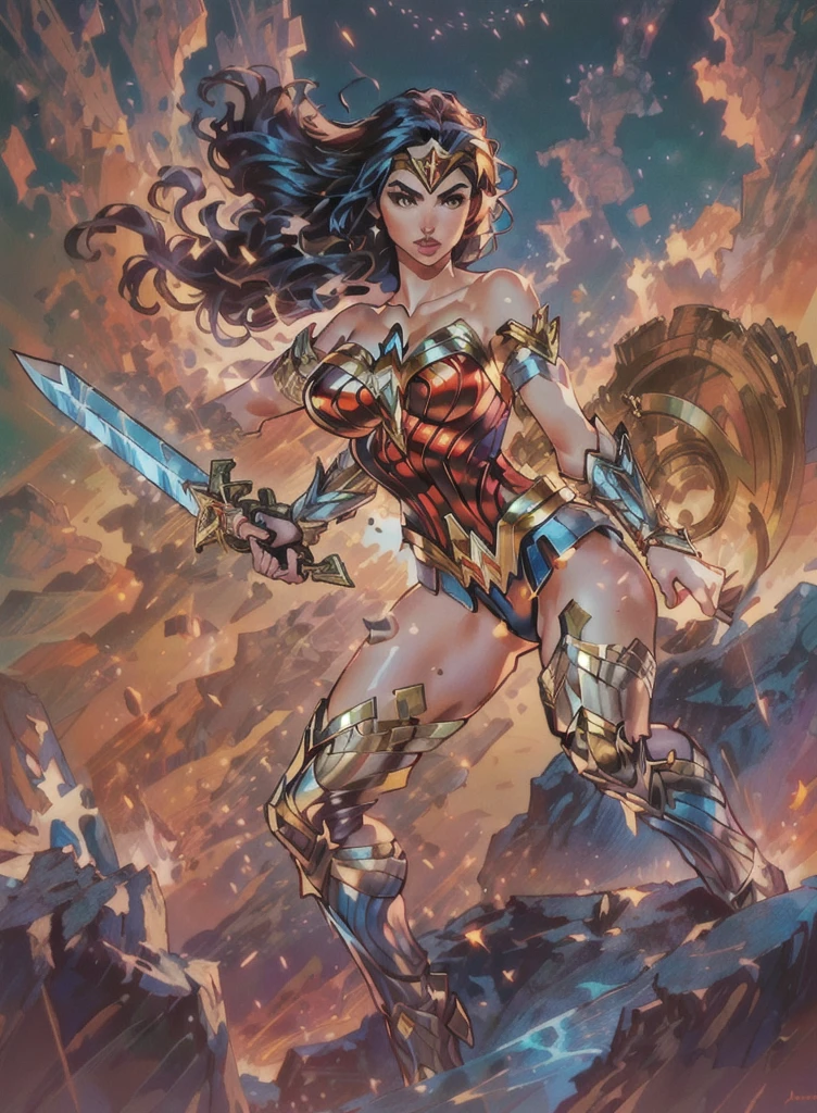 wonder wonder woman standing on a rock with sword in hand, quadrinhos artgerm, artgerm extremamente detalhado, German style art, como visto no artgerm, artgerm Greg rutkowski _ Greg, artgerm julie bell beeple, artgerm detalhado, no estilo de artgerm, no estilo artgerm