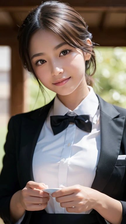 (highest quality,masterpiece:1.3,Ultra-high resolution),(Very detailed,Caustics,8k),(Realistic:1.4,RAW shooting),A girl dressed as a butler,Japanese,boyish,smile,20-year-old,Short black hair,Looking into the camera,Inside the Western-style building,Waist up shot,front,Face Focus,Face close-up,(Warm Light),Professional Writing