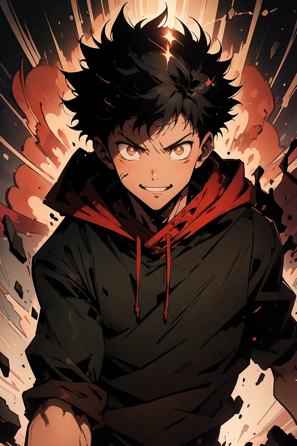 ((illustration)), (best quality)), ((masterpiece)), (simple detail), comic cover, a young man spreading his arms wide while explosion happens behind him, dark shadows covers his front, Dark hoodie, evil smile, solo: 2, ragemode, destruction, itadori yuuji, black hair,