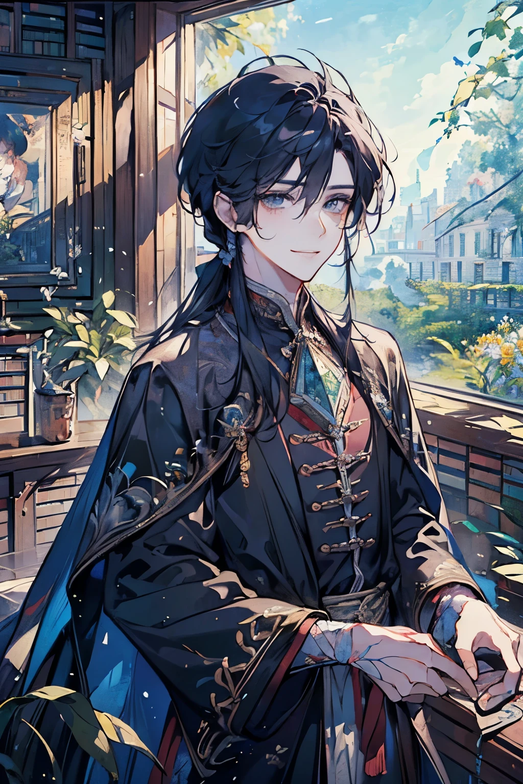 (male:1.35)、(masterpiece、highest quality、highest quality、Beautiful and beautiful:1.2)、(Good anatomy:1.5)、Painting of a male with milky glay longhair、Shy smile、Sparkling Eyes、looking at the camera、Emerging from among the flowers and leaves、(Library room:1.45)、smile、(dictionary:1.2)、Close-up of face、((View from below:1.4))