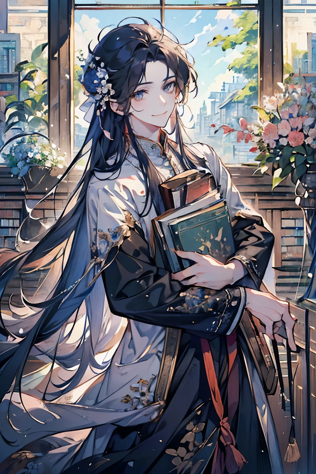 (male:1.35)、(masterpiece、highest quality、highest quality、Beautiful and beautiful:1.2)、(Good anatomy:1.5)、Painting of a male with milky glay longhair、Shy smile、Sparkling Eyes、looking at the camera、Emerging from among the flowers and leaves、(Library room:1.45)、smile、(dictionary:1.2)、Close-up of face、((View from below:1.4))