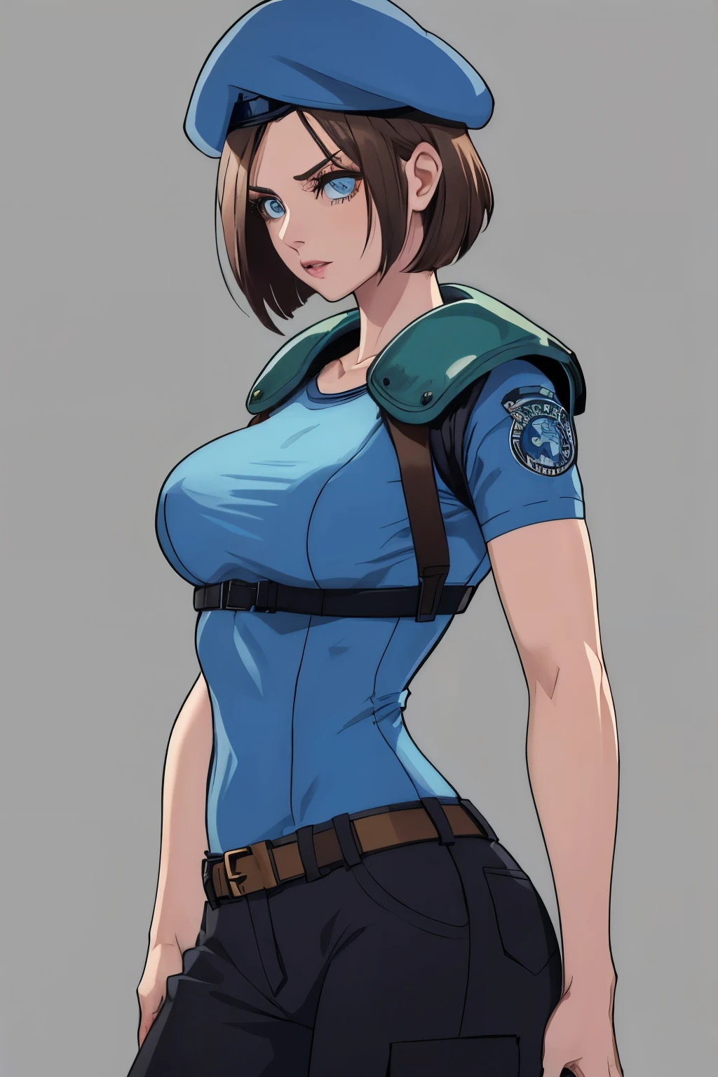 Jill Valentine, masterpiece, best quality, 1girl, solo, standing, jillre1, beret, uniform, shoulder pads, short sleeves, harness, belt, pants, unmoving pattern, peitos grandes, bunda grande, ela esta mostrando a lateral, pernas abertas, bunda grande, decote, peitos grandes, ela esta olhando para a lateral, 