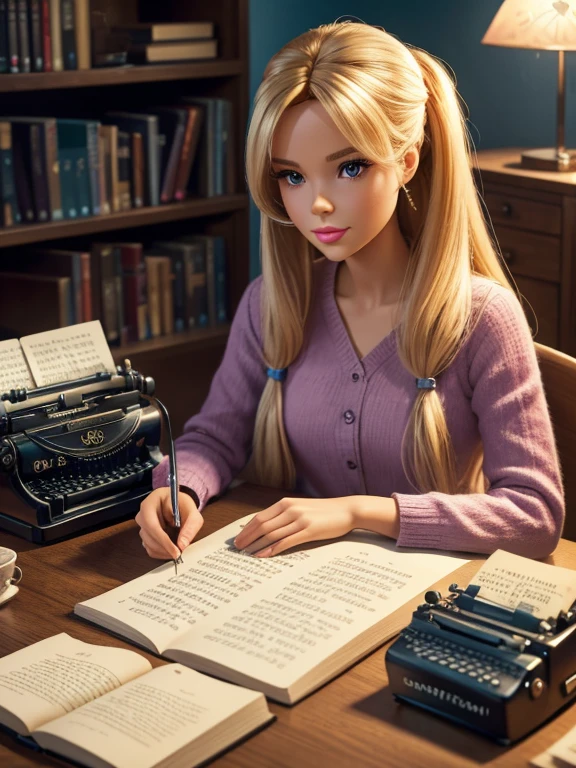 A Barbie doll as a writer, typing on a typewriter, with many books on the table. (best quality, 4k, highres, masterpiece:1.2), ultra-detailed, realistic:1.37, vivid colors, bokeh, studio lighting.