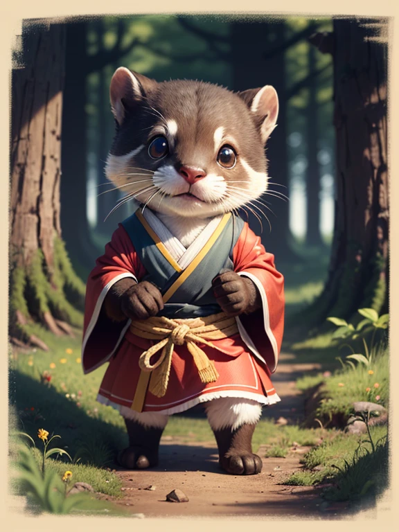 3D, 3D cartoon, cartoon otter, an otter wearing a samurai costume, in the woods at night.