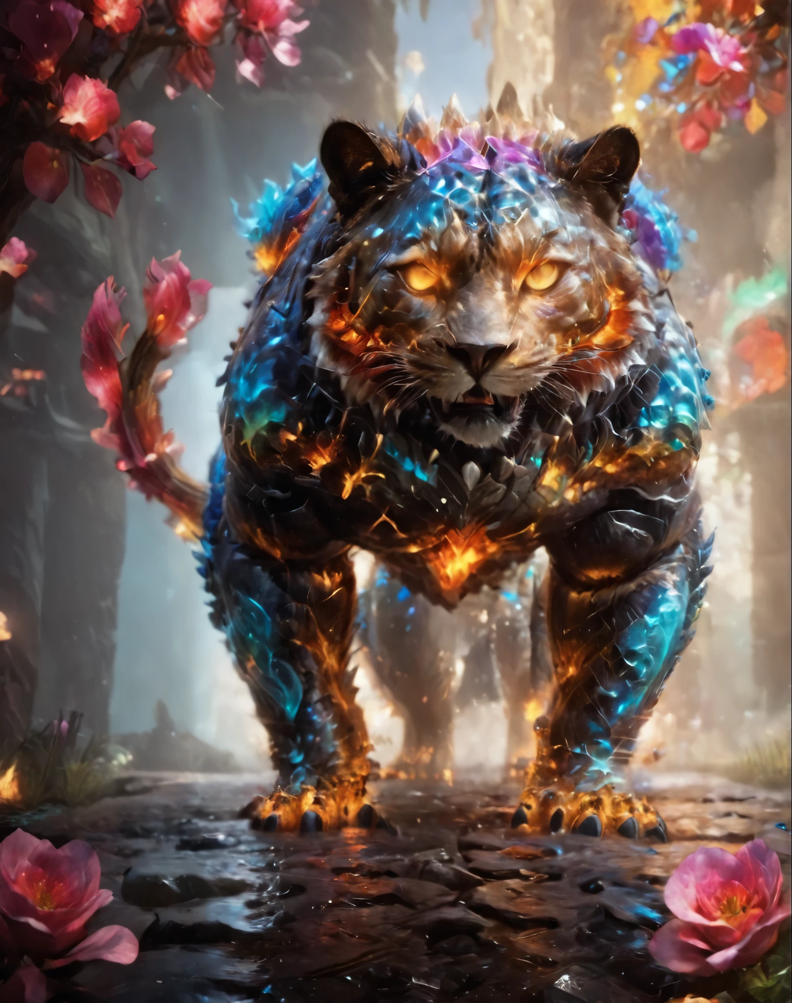 Rainbow Dream XL,Close-up portrait of a fearsome giant in a rocky landscape,Apex Animal,God-like,Majestic,Fractal Particles,Leopard,Dissolve,FK as aesthetics,Magical Effects,Armor parts,amazing,Trending on Artstation,Awards,Bokeh,Cinematic,Private Press 