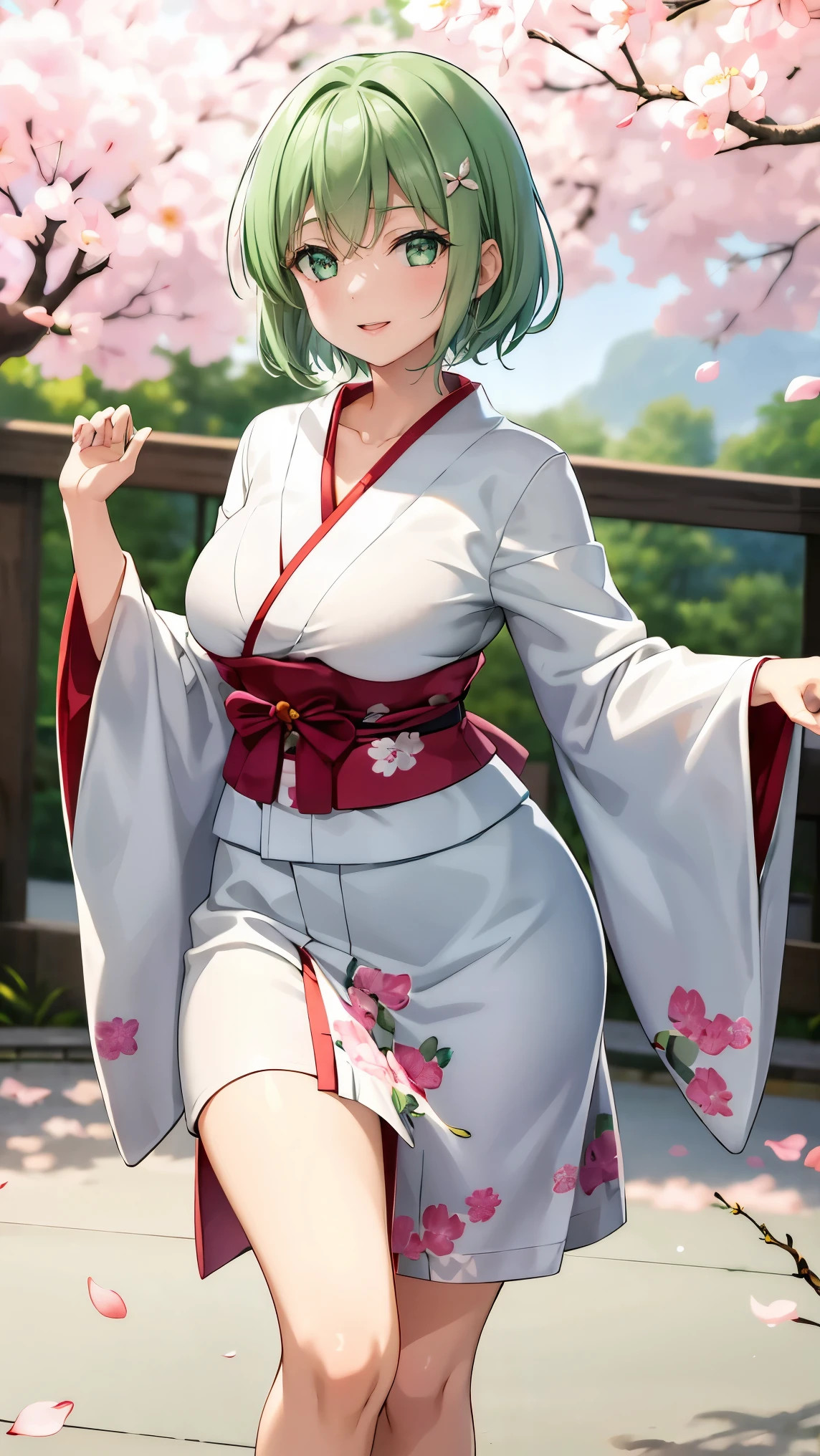 Girl with short green hair, Small breasts, Green Eyes, White Casual Beauty Special、(((tits))),Full body photo from head to toe、Kimono、Patterned Japanese clothing、Cherry tree in full bloom、Fluttering petals、Dance、Dancer、Dancing on stage、