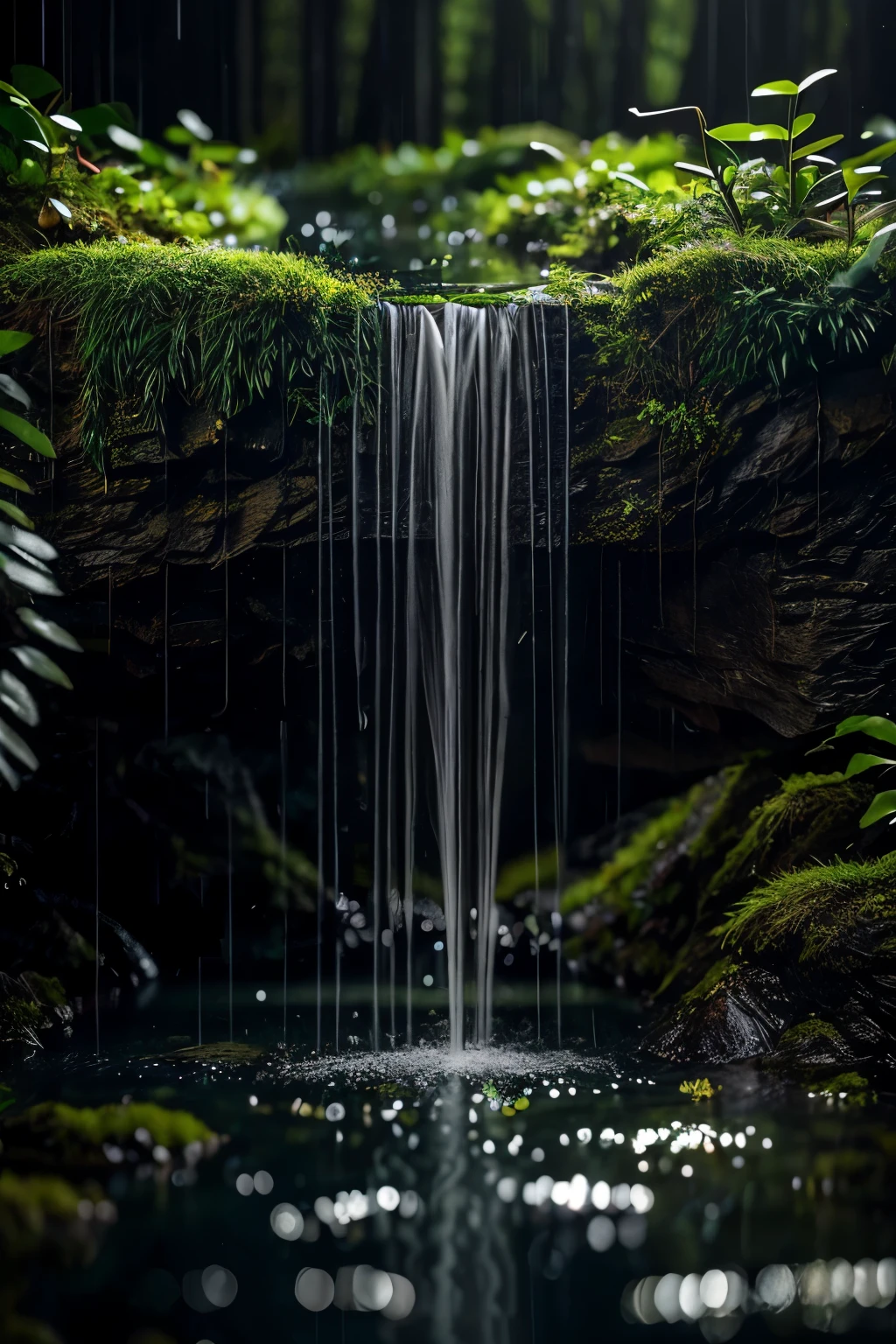 miniforest, no humans,blurry_foreground, outdoors, water, rain, waterfall, green theme,mountain,

