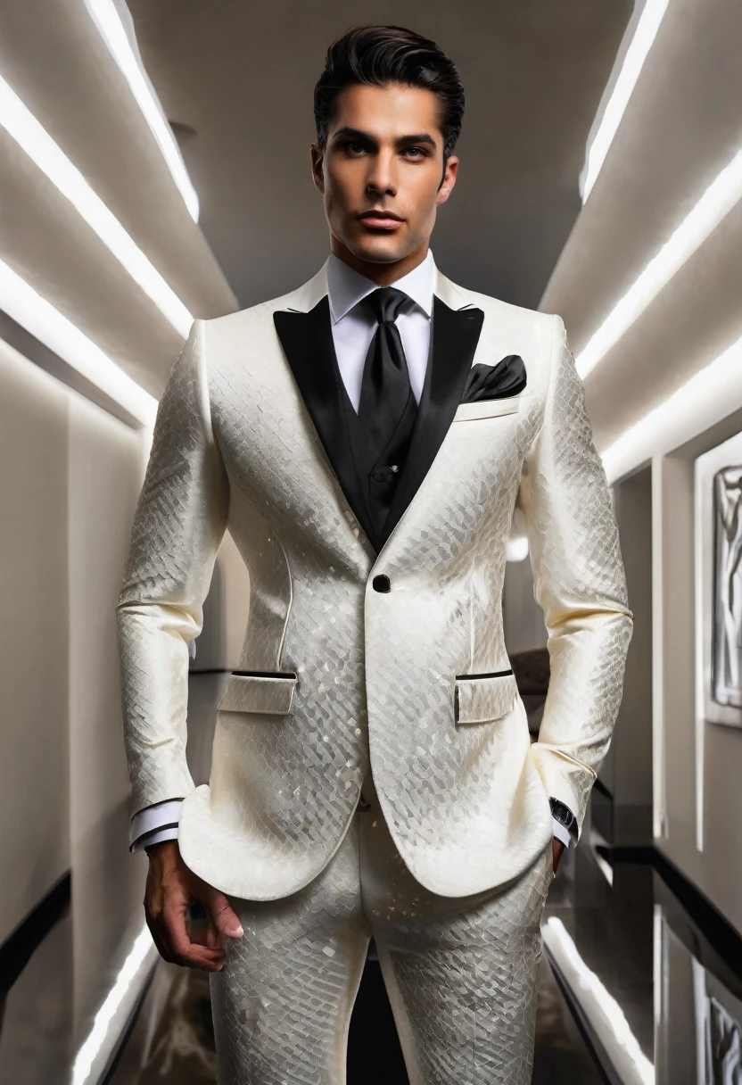 Certo, vamos criar uma imagem mental de um terno extremamente luxuoso e elegante, o mais caro do mundo. Here&#39;s the description:

Terno: The suit is black, feito de um tecido exuberante e raro, com uma textura suave e brilhante. Every seam is meticulously handcrafted, displaying a unique and intricate pattern. The buttons are made of platinum set with diamonds, shining in the ambient light. The lapel is adorned with white gold fillets, intertwined in a sophisticated pattern. The inner lining is pure silk, with an exclusive pattern created by a renowned artist.

Homem vestindo o terno: The man wearing this suit has impeccable posture and a confident expression.. He is depicted in a realistic art style, com todos os detalhes do seu rosto, from subtle lines to determined expression. Hair is perfectly combed, complementing your elegance.

Camera and focus: The camera capturing the image is a high-end professional camera. The focus is clearly on the man and his suit, destacando cada detalhe e textura. The camera lens is a high-resolution lens, capturing even the smallest details.

lighting: the lighting is soft, but dramatic, emphasizing contrasts and highlighting the details of the suit. Um foco de luz central destaca o homem e seu traje, enquanto luzes laterais suavemente iluminam o ambiente ao redor.

Fundo e ambiente: The background is a luxurious hall, with walls covered in dark wood and polished marble floors. No ambiente, there are details of valuable works of art and elegant furniture, adding an atmosphere of opulence.

Cores: Predominantemente tons de preto, com detalhes em ouro, platina e branco. A seda do forro interno exibe cores ricas e vibrantes, contrastando com a sobriedade do exterior.