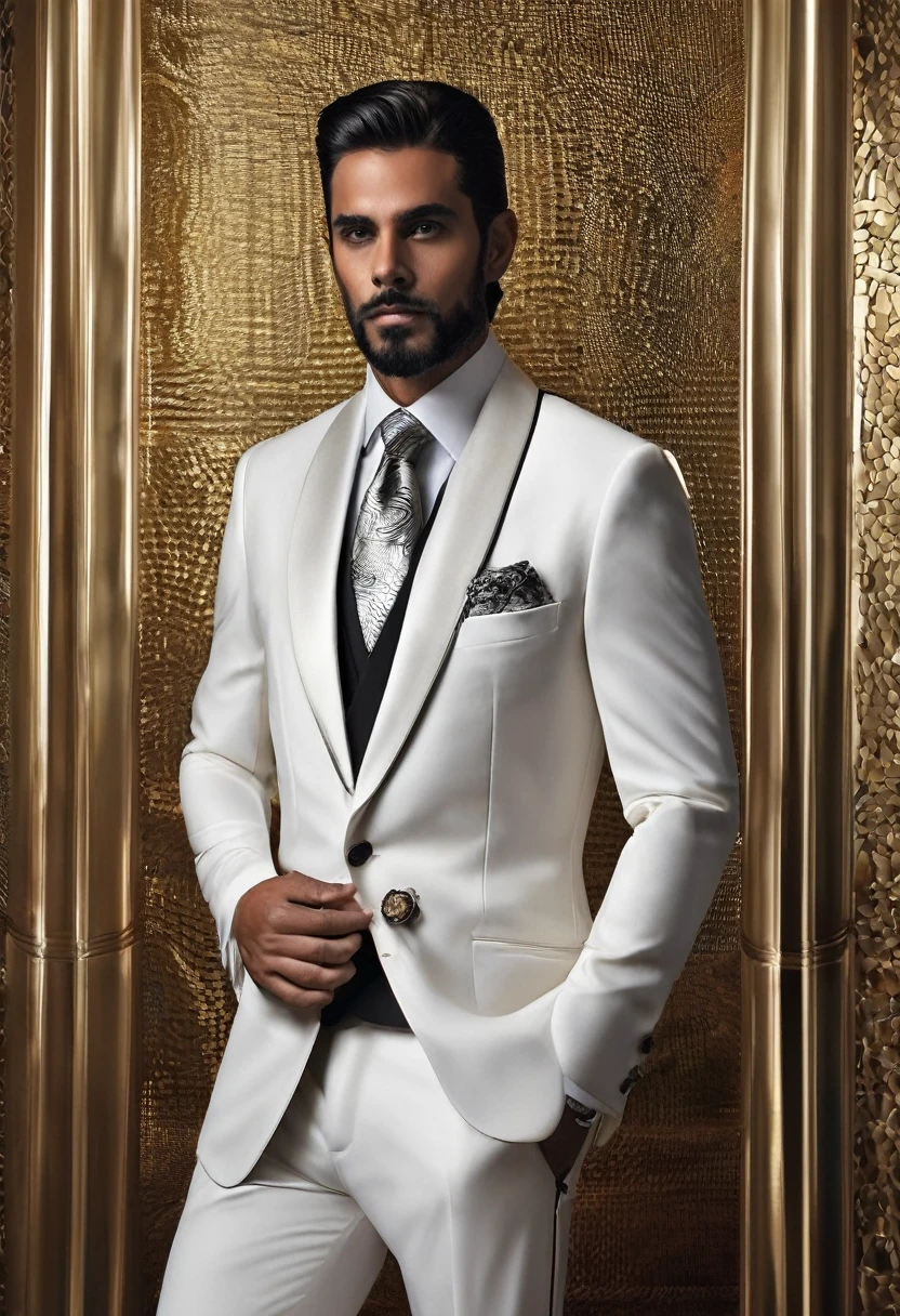 Certo, vamos criar uma imagem mental de um terno extremamente luxuoso e elegante, o mais caro do mundo. Here's the description:
Terno: The suit is black, feito de um tecido exuberante e raro, com uma textura suave e brilhante. Every seam is meticulously handcrafted, displaying a unique and intricate pattern. The buttons are made of platinum set with diamonds, shining in the ambient light. The lapel is adorned with white gold fillets, intertwined in a sophisticated pattern. The inner lining is pure silk, with an exclusive pattern created by a renowned artist.
Homem vestindo o terno: The man wearing this suit has impeccable posture and a confident expression.. He is depicted in a realistic art style, com todos os detalhes do seu rosto, from subtle lines to determined expression. Hair is perfectly combed, complementing your elegance.
Camera and focus: The camera capturing the image is a high-end professional camera. The focus is clearly on the man and his suit, destacando cada detalhe e textura. The camera lens is a high-resolution lens, capturing even the smallest details.
lighting: the lighting is soft, but dramatic, emphasizing contrasts and highlighting the details of the suit. Um foco de luz central destaca o homem e seu traje, enquanto luzes laterais suavemente iluminam o ambiente ao redor.
Fundo e ambiente: The background is a luxurious hall, with walls covered in dark wood and polished marble floors. No ambiente, there are details of valuable works of art and elegant furniture, adding an atmosphere of opulence.
Cores: Predominantemente tons de preto, com detalhes em ouro, platina e branco. A seda do forro interno exibe cores ricas e vibrantes, contrastando com a sobriedade do exterior.