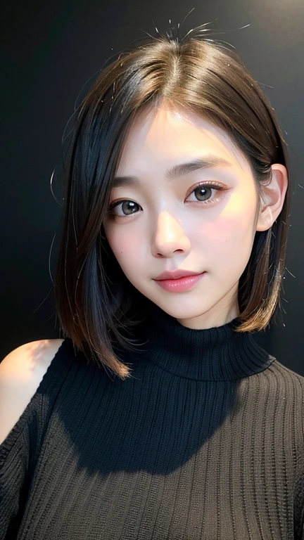 (((Close-up of face)))、(((Absolutely shoulder-length brown straight short bob)))、(((She is posing like a hair salon model, with a black wall indoors as the background.)))、(((Casual black winter long sleeves with shoulders covered)))、Half Japanese, half Korean、18 year old girl、Standing Alone、Looking forward、Light eye makeup、Brown Hair Color、Flat and 、Hair blowing in the wind、Actress Quality、Glossy, ultra-realistic face、Smiling face、Watery eyes、Gazing Up、Subtle lighting effects、 Ultra-Realistic Capture、Very detailed、High resolution 16K close up of human skin。Skin texture must be natural、The details must be such that pores can be clearly seen、The skin is healthy、Uniform tone、Use natural light and colors、A worn-out, high-quality photo taken by a model agency&#39;s in-house photographer.、smile、(((SIGMA 300 mm F/1.4,1/1000 sec shutter,ISO 400))) 