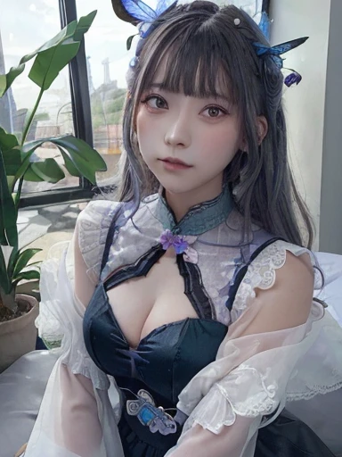 ((masterpiece)), (((highest quality))), ((Very detailed)), colorful, High resolution, One girl, alone, Upper Body, Grey Hair,Green Eyes, Luo Tianyi (Midsummer),Midsummer, Black and purple dress, (Blue Butterfly), White butterfly wings