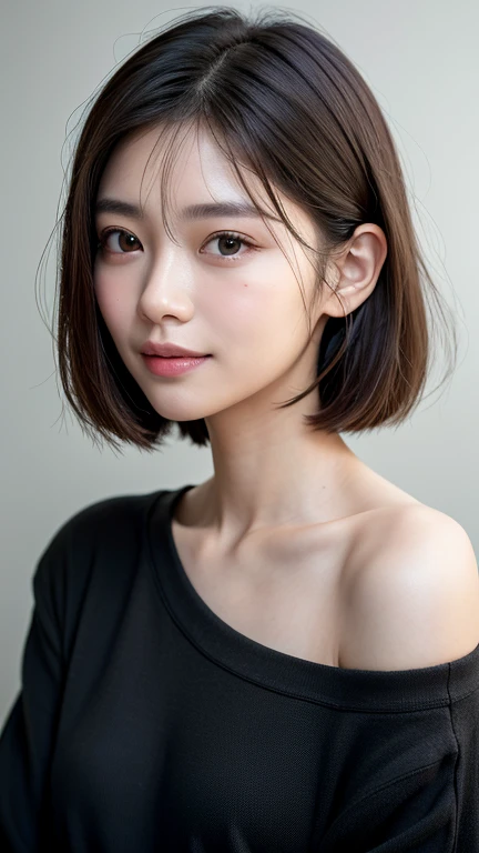 (((Close-up of face)))、(((Absolutely shoulder-length brown straight short bob)))、(((She is posing like a hair salon model, with a black wall indoors as the background.)))、(((Casual black winter long sleeves with shoulders covered)))、Half Japanese, half Korean、18 year old girl、Standing Alone、Looking forward、Light eye makeup、Brown Hair Color、Flat and 、Hair blowing in the wind、Actress Quality、Glossy, ultra-realistic face、Smiling face、Watery eyes、Gazing Up、Subtle lighting effects、 Ultra-Realistic Capture、Very detailed、High resolution 16K close up of human skin。Skin texture must be natural、The details must be such that pores can be clearly seen、The skin is healthy、Uniform tone、Use natural light and colors、A worn-out, high-quality photo taken by a model agency&#39;s in-house photographer.、smile、(((SIGMA 300 mm F/1.4,1/1000 sec shutter,ISO 400))) 