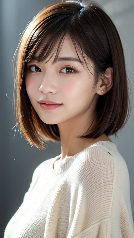(((Close-up of face)))、(((Absolutely shoulder-length brown straight short bob)))、(((She is posing like a hair salon model, with a black wall indoors as the background.)))、(((Casual black winter long sleeves with shoulders covered)))、Half Japanese, half Korean、18 year old girl、Standing Alone、Looking forward、Light eye makeup、Brown Hair Color、Flat and 、Hair blowing in the wind、Actress Quality、Glossy, ultra-realistic face、Smiling face、Watery eyes、Gazing Up、Subtle lighting effects、 Ultra-Realistic Capture、Very detailed、High resolution 16K close up of human skin。Skin texture must be natural、The details must be such that pores can be clearly seen、The skin is healthy、Uniform tone、Use natural light and colors、A worn-out, high-quality photo taken by a model agency's in-house photographer.、smile、(((SIGMA 300 mm F/1.4,1/1000 sec shutter,ISO 400)))