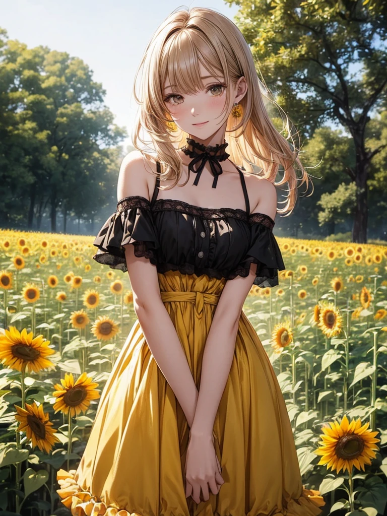 (master piece),(top-quality:1.2),(perfect anatomy),1 woman,20 years old,exquisitedetails,Vibrant colors, Soft tones, With warm and gentle lighting,(yellow and black dress, Beautiful frills:1.2),beautiful detailed eyes,orange color hair,small breasts,(sideways glance),(on side),garden girl,The atmosphere is full of happiness and laughter,Combination of digital illustration and photography,soft pastel tones,Create an ethereal atmosphere like a dream,Depth of written boundary, Bokeh,film lighting,Standing in a park full of sunflowers