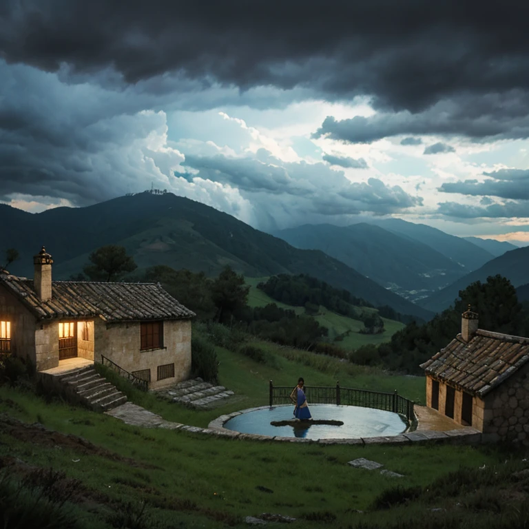 Una noche de tormenta en una aldea gallega. Marta's house is a small stone hut with a thatched roof..