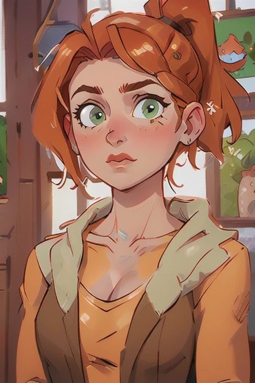 (masterpiece, best quality), 1girl, beautiful face, robin, ponytail, orange hair, green eyes, cleavage