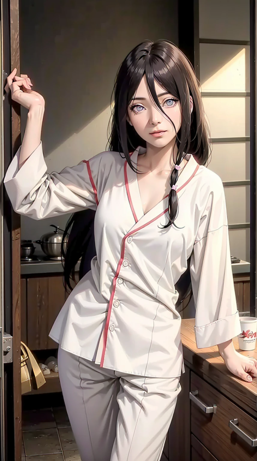 hyuuga hanabi, long hair tied low, hair band, hana purple eyes, beautiful, beautiful woman, perfect body, perfect breasts, wearing white pajamas, pajamas, sleepwear, in the kitchen, clear kitchen, looking at the audience, a slight smile, realism, masterpiece , textured leather, super detail, high detail, high quality, best quality, 1080p, 16k