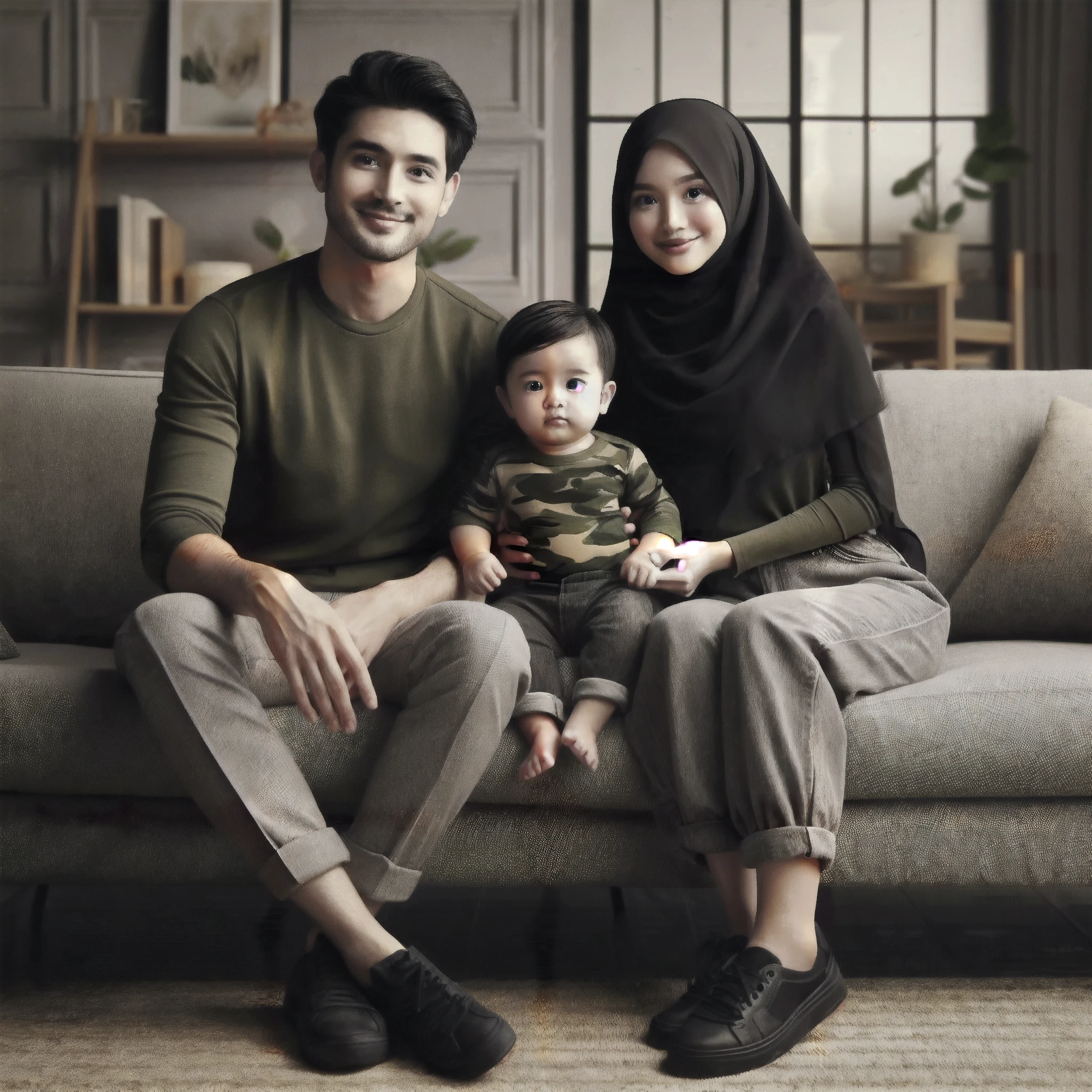 Indoor portrait, Indonesian couple, a man age 30 short cuthair, a 25 women with hiijab, and a baby girl aged 1 years old. hug pose, both wearing casual crem outfits, a man is standing and woman siting on tall wood chair, backround white studio photo, minimalist decoration, fresh color, 8k resolution