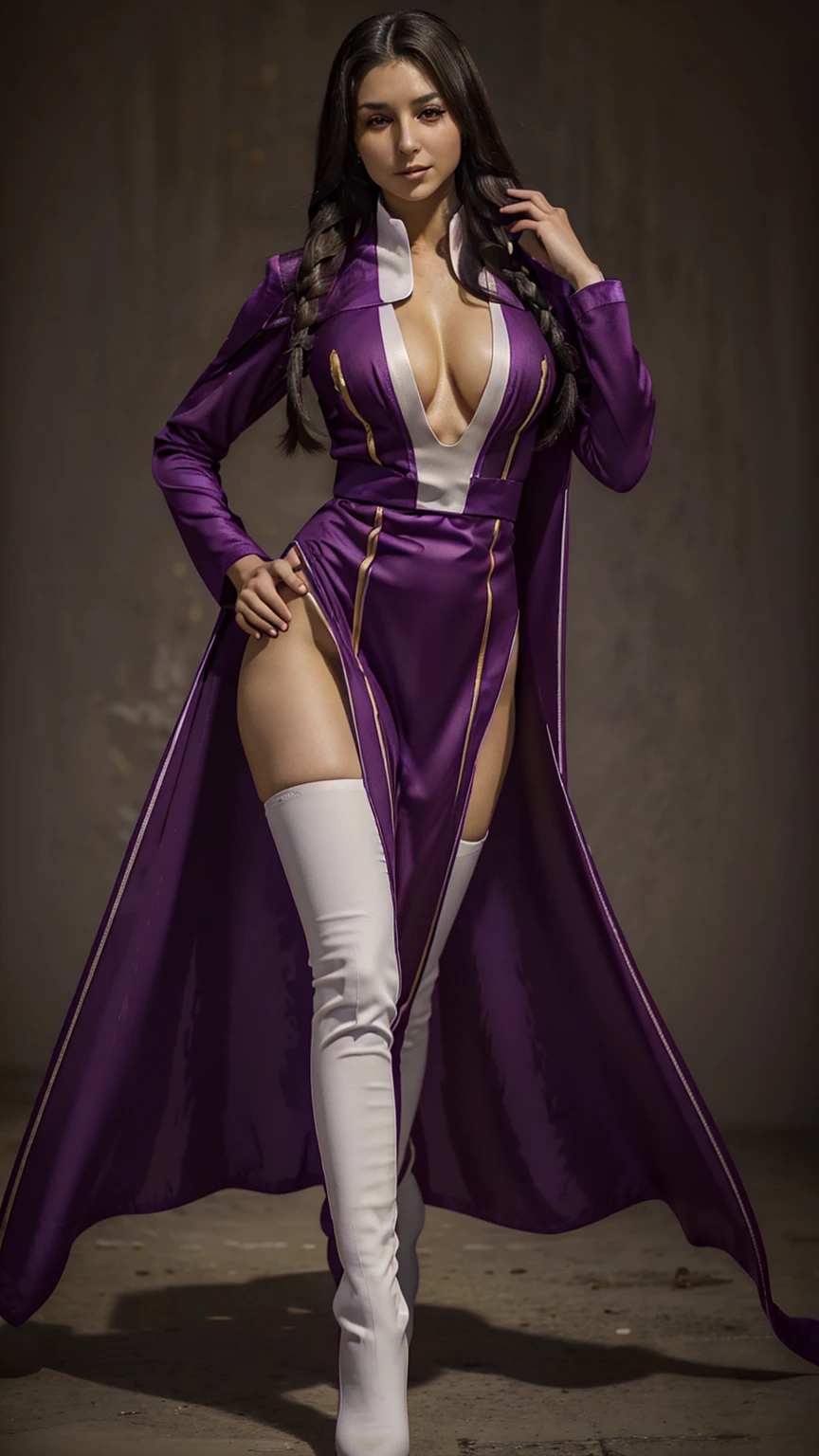 (masterpiece), best quality, expressive eyes, perfect face, solo woman, dance posing,  cold eyes, smile warm, fasalina, long purple dress, boots, purple robe thin, front double braids, full dress, milf, Fasalina, slim body woman, long black hair, tall body,  blend yellow eye, yellow eyes, She wears a purple uniform consisting of a low-cut long sleeved robes, white thigh high boots, full body, She also wears a dark purple cloak, tight dress, married, Fasalina, purple dress, side Slit, cleavage, thighs, thighs high, Kneehighs, 