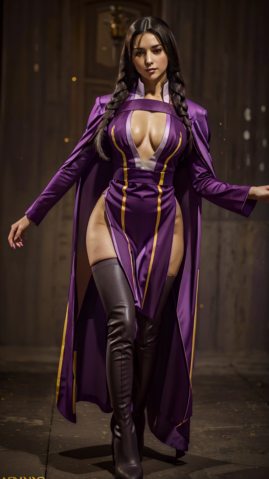 (masterpiece), best quality, expressive eyes, perfect face, solo woman, dance posing,  cold eyes, smile warm, fasalina, long purple dress, boots, purple robe thin, front double braids, full dress, milf, Fasalina, slim body woman, long black hair, tall body,  blend yellow eye, yellow eyes, She wears a purple uniform consisting of a low-cut long sleeved robes, white thigh high boots, full body, She also wears a dark purple cloak, tight dress, married, Fasalina, purple dress, side Slit, cleavage, thighs, thighs high, Kneehighs, 