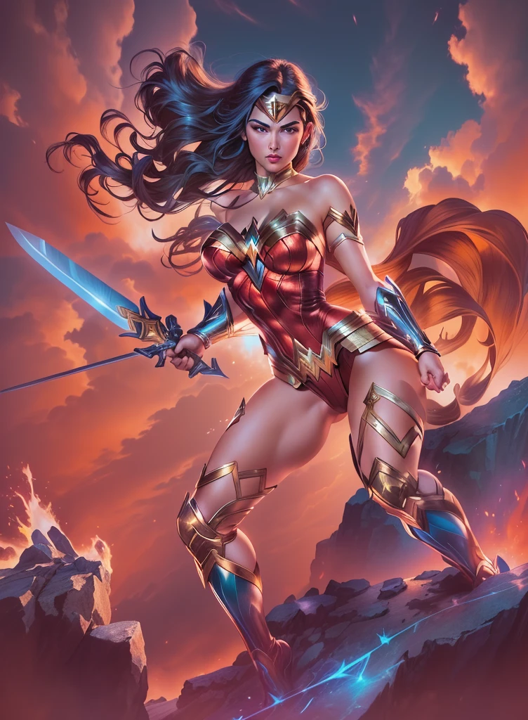 wonder wonder woman standing on a rock with sword in hand, quadrinhos artgerm, artgerm extremamente detalhado, German style art, como visto no artgerm, artgerm Greg rutkowski _ Greg, artgerm julie bell beeple, artgerm detalhado, no estilo de artgerm, no estilo artgerm