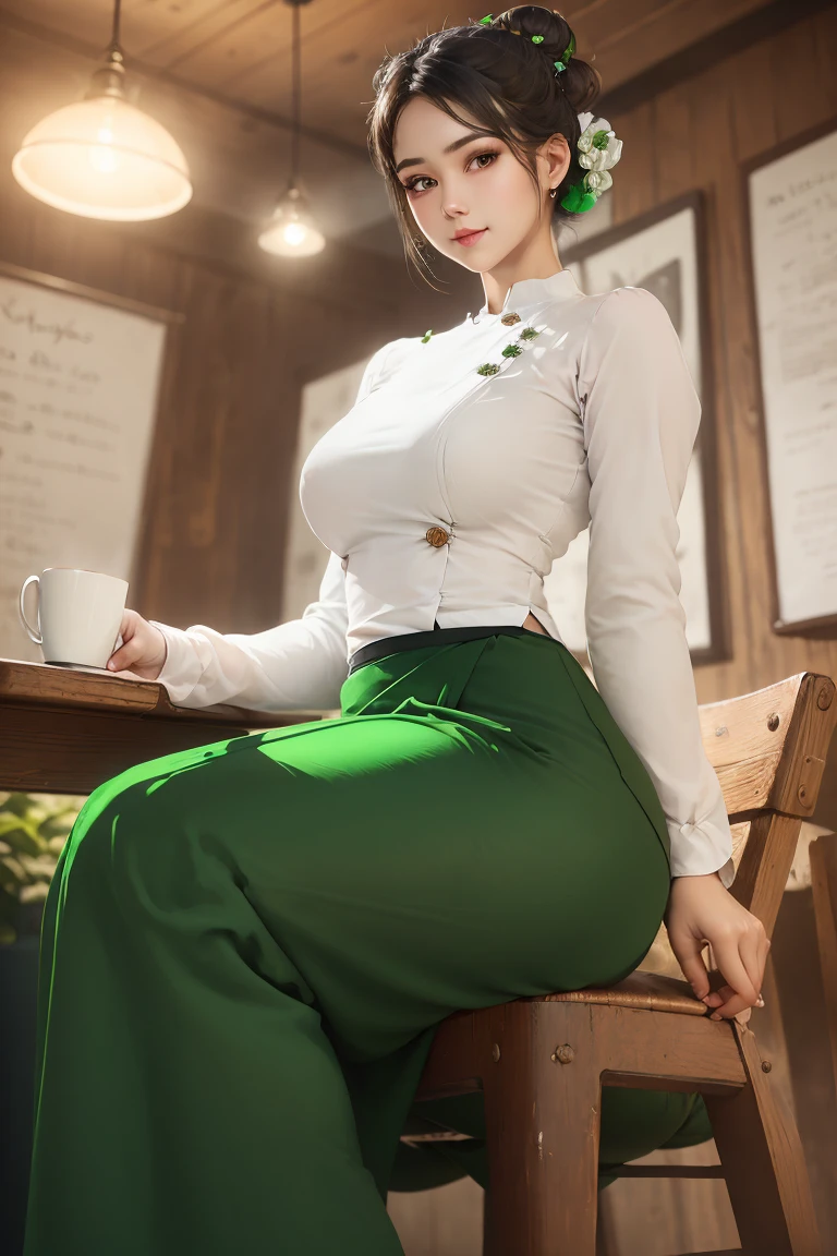 Portrait of a stunning young woman with a stylish hair bun, captivating gaze, and a warm atmosphere of a cozy coffee shop, realistic shading, fine details, exquisite lighting, digital painting, (wearing acmmsayarma outfit, acmmsayarma white top with buttons, long sleeves), ((acmmsayarma green long skirt))