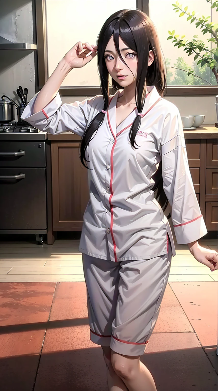 hyuuga hanabi, long hair tied low, hair band, hana purple eyes, beautiful, beautiful woman, perfect body, perfect breasts, wearing white pajamas, pajamas, sleepwear, in the kitchen, clear kitchen, looking at the audience, a slight smile, realism, masterpiece , textured leather, super detail, high detail, high quality, best quality, 1080p, 16k