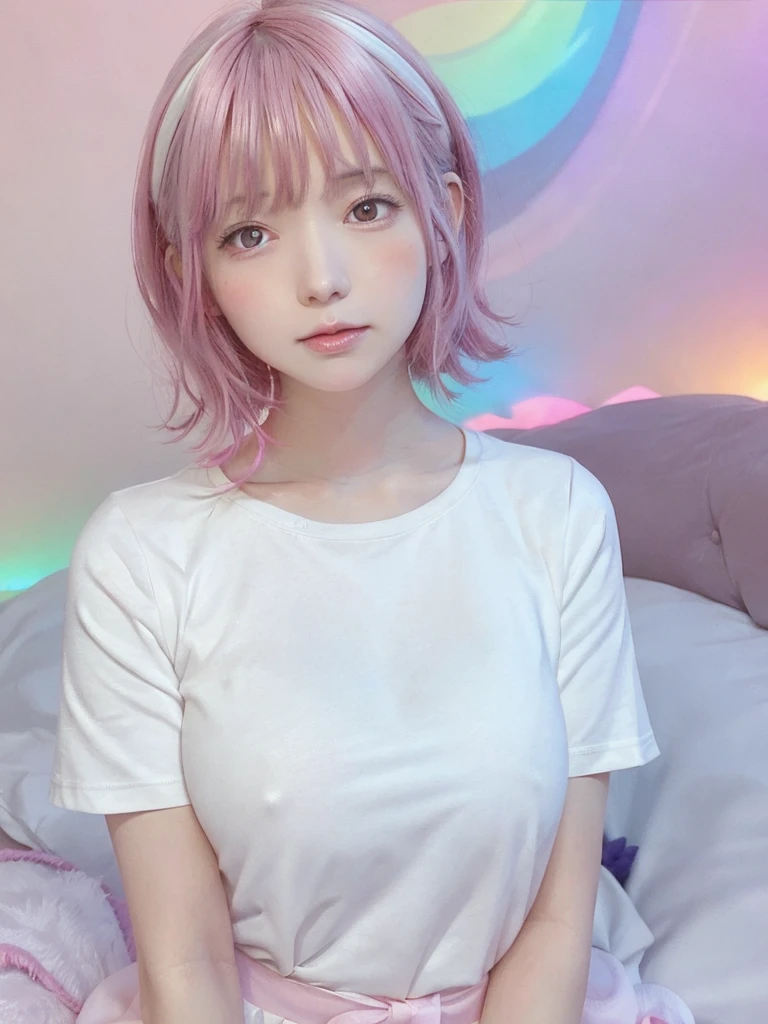 pretty girl, Pink Lips, Wearing a bright white shirt, In the style of a soft aurora punk color palette, Anime illustration of her face, Animated GIFs, Hand-drawn animation, Attractive sketch, Soft and bright, A vague romanticism, Super Plain Style, White--Air Background 1:1--Rainbow 5--Expressive Style
