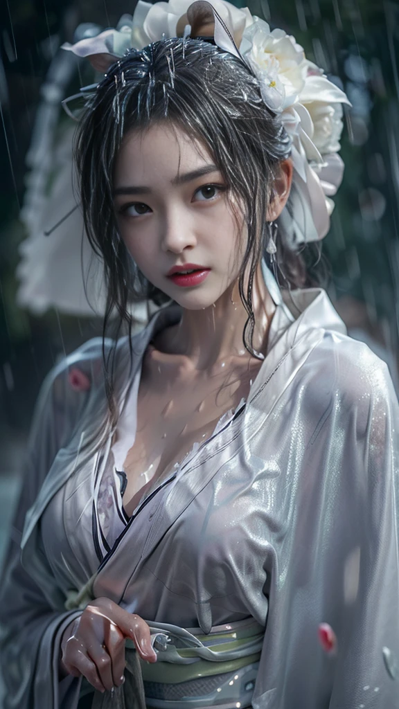 (RAW shooting:1.5, Photorealistic:1.5, 16k, highest quality, masterpiece, Ultra-high resolution), Perfect dynamic composition:1.3, (heavy snow, On a cliff on a precipitous cliff, Great background, Expressions of sadness:0.9), Highly detailed skin and facial textures:1.3, Wet slim woman:1.2, Random Shot, Fair skin:1.2, Mysterious portrait:1.1, Incredibly slim body:1.2, aesthetic:1.1, Very beautiful face:1.2, Water droplets on the skin, (Rain dripping down on my body:1.1, Wet body:1.1, Wet Hair:1.1), (Professional kimono dressing:1.1, With a wet bouquet:1.2, The correct way to wear a wet silver kimono:1.3), (Shapely breasts, Chest gap),  (Beautiful erotic eyes:0.8, Beautiful, erotic lips:0.8), (Too erotic:0.9, Fascinating:0.9), necklace, Earrings, bracelet