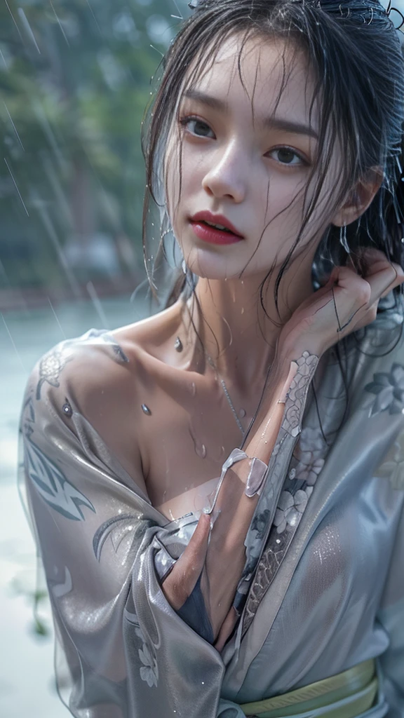best quality, masterpiece, super high resolution, photos, 1 girl, white shirt, torn jeans, white sneakers, dim, darkness, despair, pity, wretched, movie, tears, teardrops, (torn clothes:1.5), (wet clothes:1.4), bare shoulders, real rain, wet hair,..
