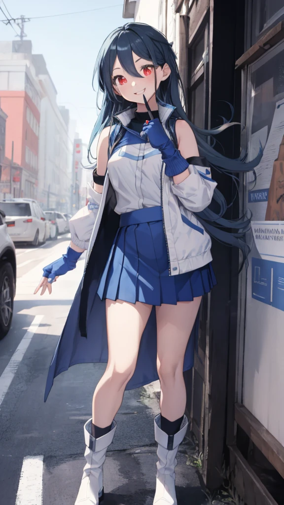 (full body),Blue Hair,Red eyes,Medium chest,uniform,No sleeve, Exposing shoulders, Elbow hand pockets, Blue gloves, Fingerless gloves, Blue Skirt, White jacket, Blue footwear, boots,Outdoor,smile, Mouth closed, Are standing,Lower Body,Thick thighs