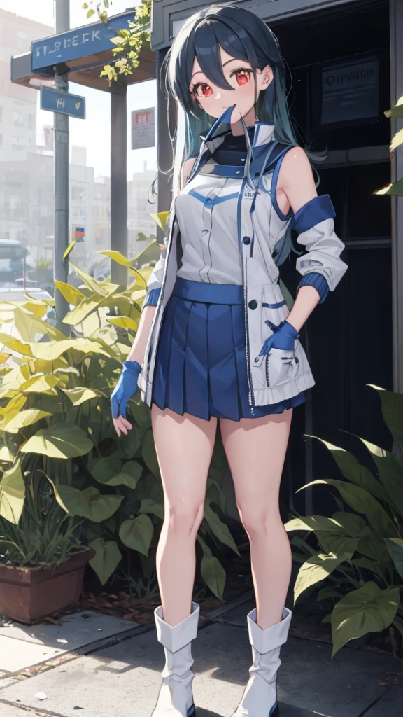 (full body),Blue Hair,Red eyes,Medium chest,uniform,No sleeve, Exposing shoulders, Elbow hand pockets, Blue gloves, Fingerless gloves, Blue Skirt, White jacket, Blue footwear, boots,Outdoor,smile, Mouth closed, Are standing,Lower Body,Thick thighs