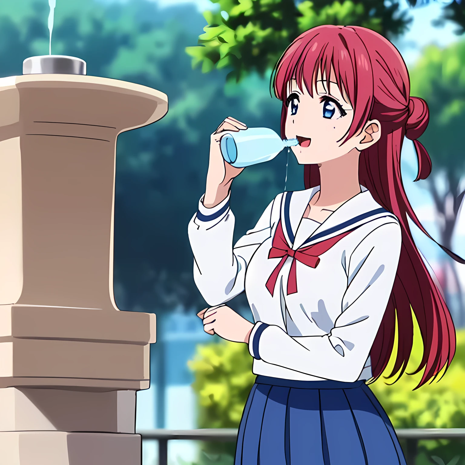 highest quality, (masterpiece:1.2), Very detailed, Game CG, ((((Very beautiful school uniform１A girl is drinking water from a drinking fountain in the park)))), ((The girl everyone loves)), (((Very beautiful pink hair))), ((((Yellow sailor suit)))), ((Sailor uniforms have blue lines)), ((Dark navy blue checked long skirt)), ((((Very beautiful and shining eyes)))), ((Very long eyelashes)), A big red ribbon on the chest, ((An elegant expression like a noble princess)), (((Beautiful and great smile))), Small face and great posture, ((Give the viewer a heavenly feeling of happiness)), (((Blur the background))), ((A very compassionate face)), ((Anime heroine smiling and open mouth)), ((Slender and shapely breasts))