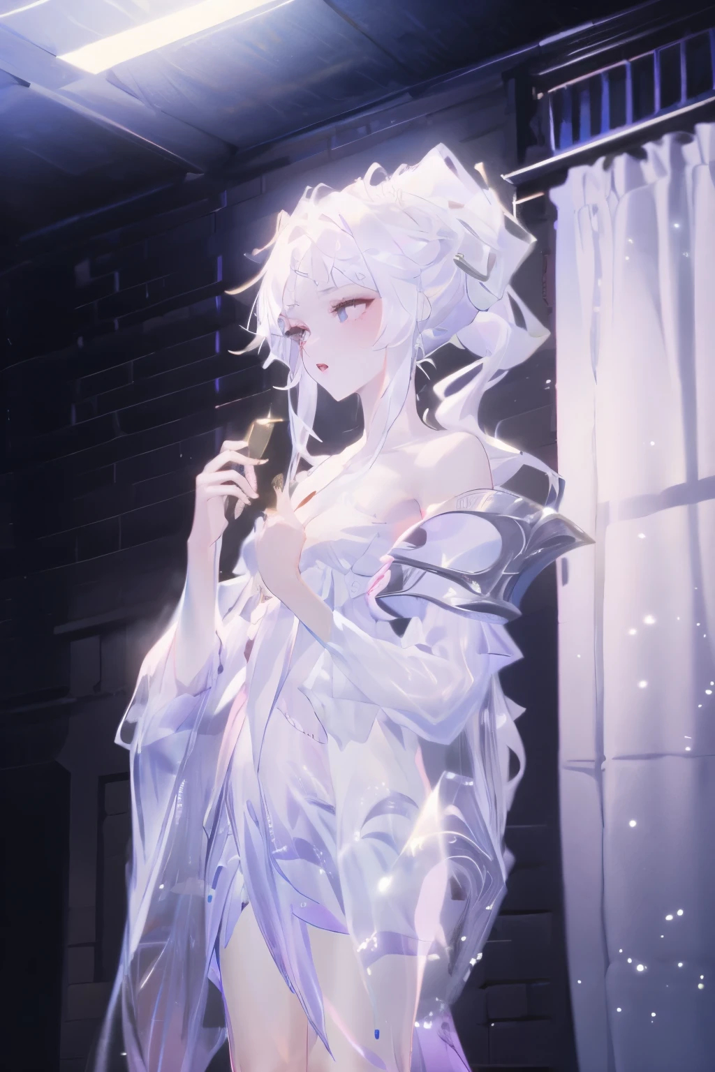(best quality, masterpiece:1.2), Ultra-high resolution, Practical, Front lighting, Intricate details, Exquisite details and textures, 1 Girl, Solitary ,(young), Face highlights, Upper Body, Delicate face, Tear mole, White skin, Silver Hair, Ponytail, Braided hair, looking at the audience, big eyes, silk robe, (Hollow pattern, White, silk), earrings, Small Breasts, slim, Luxury rooms, Professional lighting, Photon Mapping, Radiosity, Physically Based Rendering,