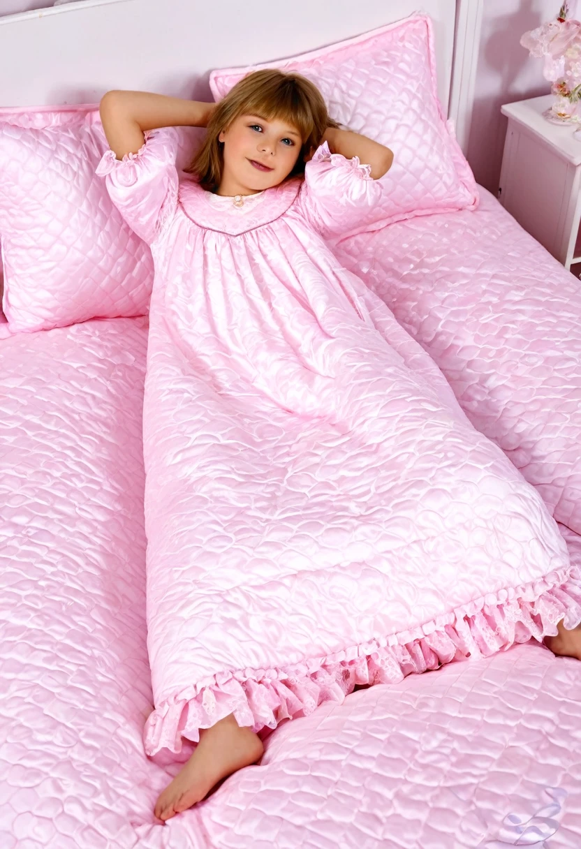 A sissy boy of 18 years old, a plump quilted nightgown, children's mittens without fingers, a bed with a mountain of pillows and feather beds, more pillows, ruffles lace silk.