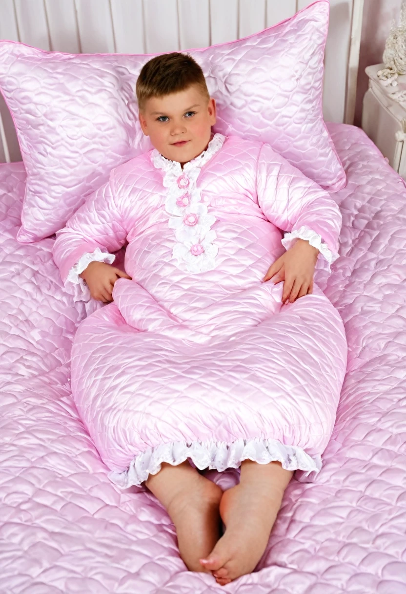 A sissy boy of 18 years old, a plump quilted nightgown, children's mittens without fingers, a bed with a mountain of pillows and feather beds, more pillows, ruffles lace silk.