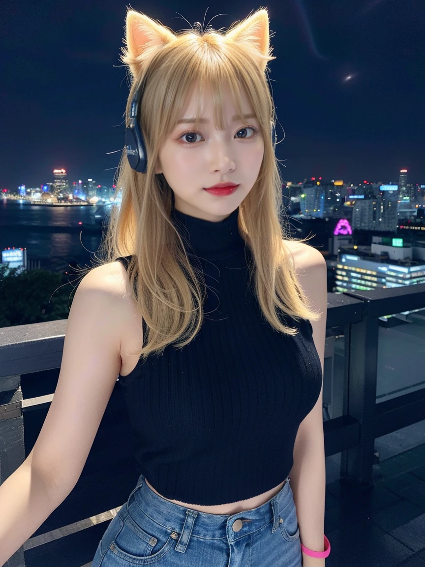 最high quality, masterpiece, 32k、Very detailed、Realistic、1 girl, Japanese women、Cute Face, (photo Actual:1.3),Bob Hair(Golden hair color、Blonde Hairstyles)、Edge lighting, (Skin with attention to detail:1.2), 8k超High resolution, Single-lens reflex camera, high quality, High resolution, 4K, 8k, Optimal ratio of four fingers to one thumb, (Actual:1.3), cute 1 girl, Realistic、Super Realistic、32k、Very detailed、masterpiece, 最high quality, beautiful girl, beauty、Mecha, Beautiful lighting, (Neon Light:1.2), (night:1.5), kpop idol costumes、Sleeveless outfit、Shorts、Large Breasts(Big 、With a valley)Cat ear headphones、Are standing、Cyber Neon、Future City、Skyscraper、City night、Shanghai、Big cities、night scene、Beautiful night scene