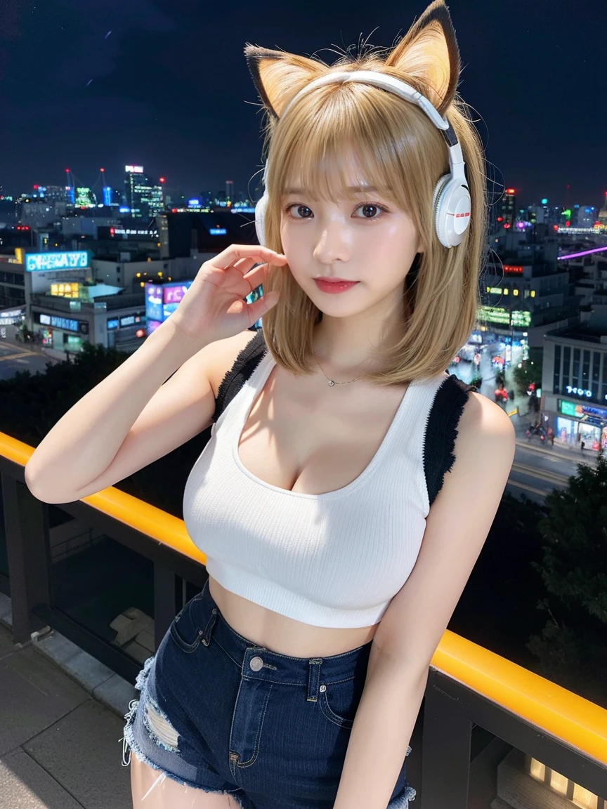 最high quality, masterpiece, 32k、Very detailed、Realistic、1 girl, Japanese women、Cute Face, (photo Actual:1.3),Bob Hair(Golden hair color、Blonde Hairstyles)、Edge lighting, (Skin with attention to detail:1.2), 8k超High resolution, Single-lens reflex camera, high quality, High resolution, 4K, 8k, Optimal ratio of four fingers to one thumb, (Actual:1.3), cute 1 girl, Realistic、Super Realistic、32k、Very detailed、masterpiece, 最high quality, beautiful girl, beauty、Mecha, Beautiful lighting, (Neon Light:1.2), (night:1.5), kpop idol costumes、Sleeveless outfit、Shorts、Large Breasts(Big 、With a valley)Cat ear headphones、Are standing、Cyber Neon、Future City、Skyscraper、City night、Shanghai、Big cities、night scene、Beautiful night scene