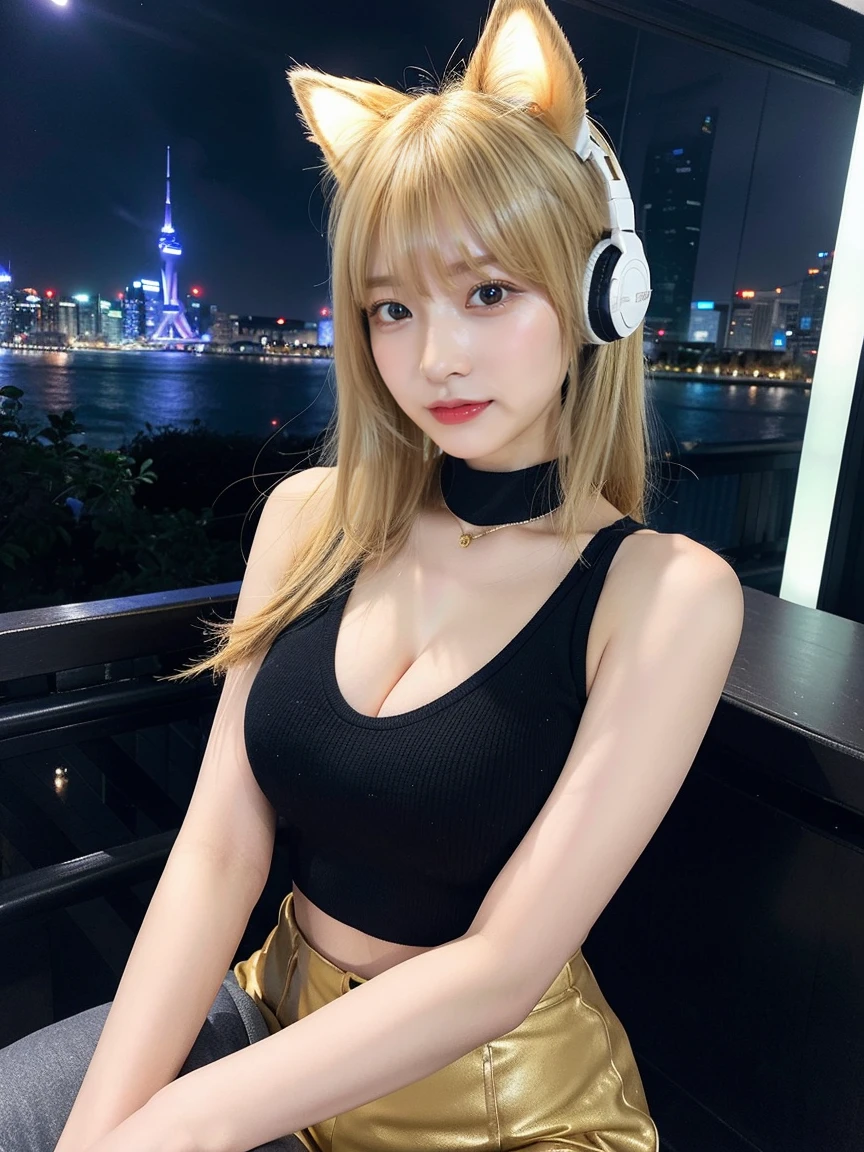 最high quality, masterpiece, 32k、Very detailed、Realistic、1 girl, Japanese women、Cute Face, (photo Actual:1.3),Bob Hair(Golden hair color、Blonde Hairstyles)、Edge lighting, (Skin with attention to detail:1.2), 8k超High resolution, Single-lens reflex camera, high quality, High resolution, 4K, 8k, Optimal ratio of four fingers to one thumb, (Actual:1.3), cute 1 girl, Realistic、Super Realistic、32k、Very detailed、masterpiece, 最high quality, beautiful girl, beauty、Mecha, Beautiful lighting, (Neon Light:1.2), (night:1.5), kpop idol costumes、Sleeveless outfit、Shorts、Large Breasts(Big 、With a valley)Cat ear headphones、Are standing、Cyber Neon、Future City、Skyscraper、City night、Shanghai、Big cities、night scene、Beautiful night scene