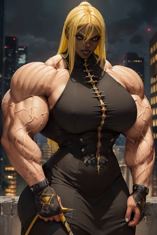 (((((Massive tall, beautiful, buff, light brown skinned muscular woman with yellow hair, black lipstick, ginormous bulky muscles and wearing a beautiful black gothic pencil dress))))), (close view), massive muscles, massive biceps, hyper muscle shoulders, massive muscle arms, vascular shoulders, hyper muscle triceps, (long flowing hair), gray eyes, choker, lace sleeved gloves, (on top of a dilapidated skyscraper in a dark destroyed city), confident smile, hyper vascular arm, hyper muscles arms, hyper muscle legs, (massive arms).