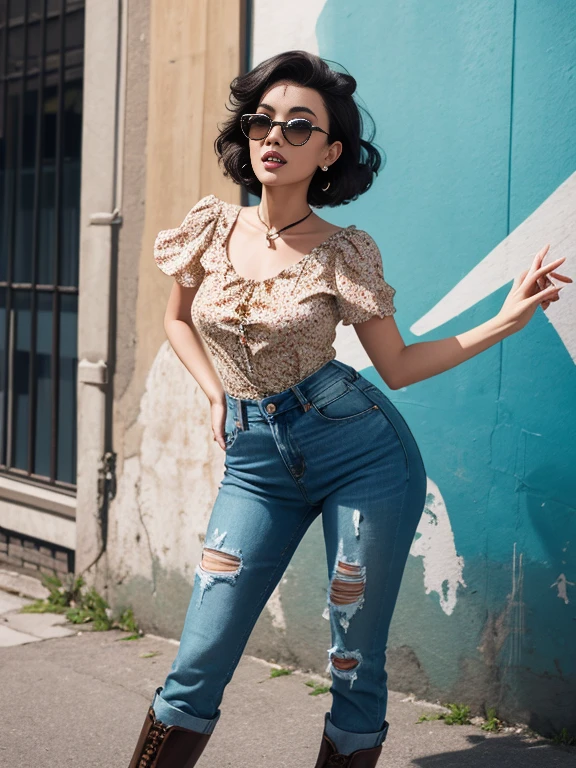 peeling paint texture, graffiti of rockabilly 1950s-style dress on girl, cute and lovely appearance, short bob haircut, dynamic stance, playful and enticing look, halterneck top, high-waisted jeans, bold prints, leather boots, cat-eye sunglasses, retro allure, rugged street environment, mid-motion dancing pose, flirty attitude, expressive facial features, detailed face