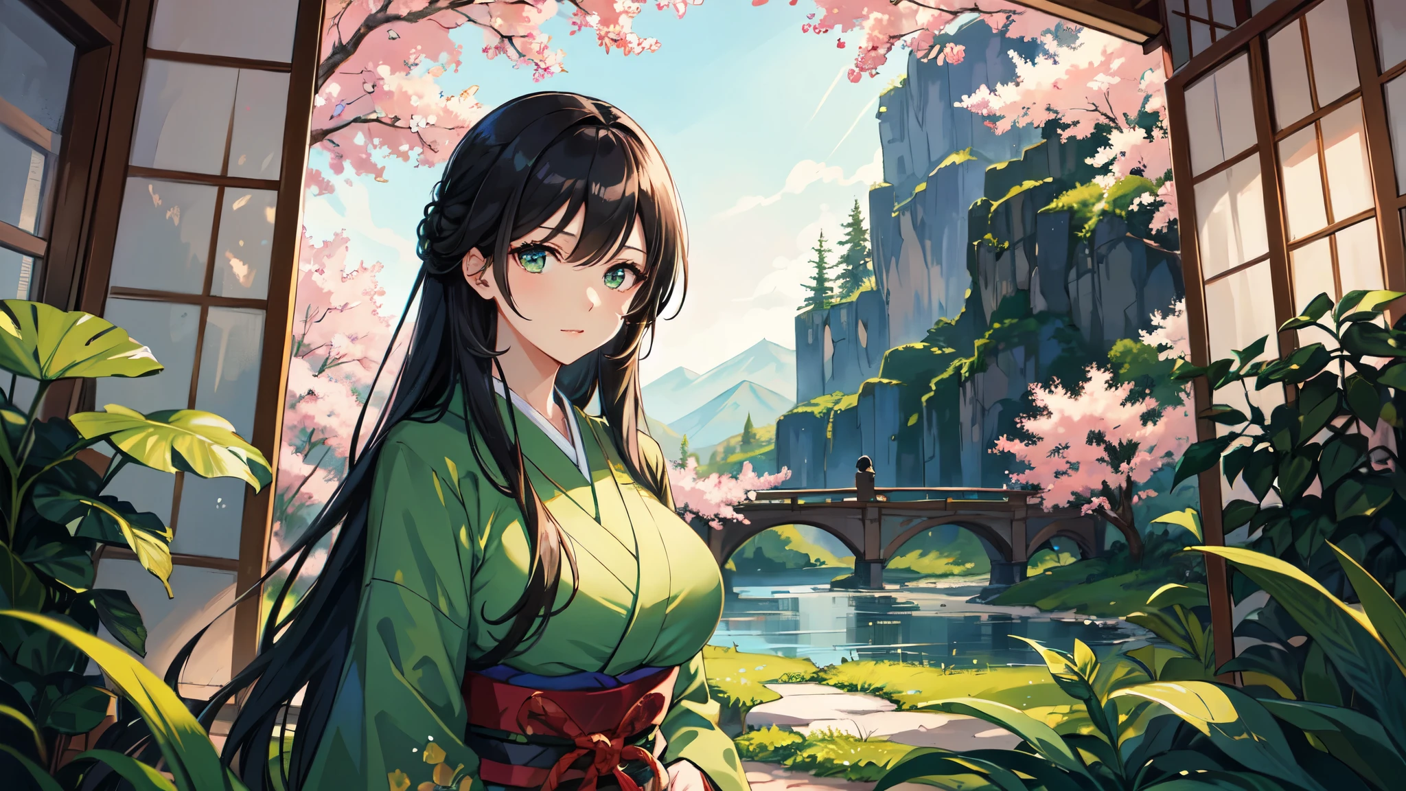 A beautiful young woman with long, bright black hair wearing a green kimono and a calm appearance.、Big Titini skirt、Neat and clean appearance、Ladylike atmosphere、Curvaceous、The background is a vivid and fantastical Japanese landscape.、Anime Art Wallpaper 8K, Highly detailed digital art in 4K, Vibrant colors