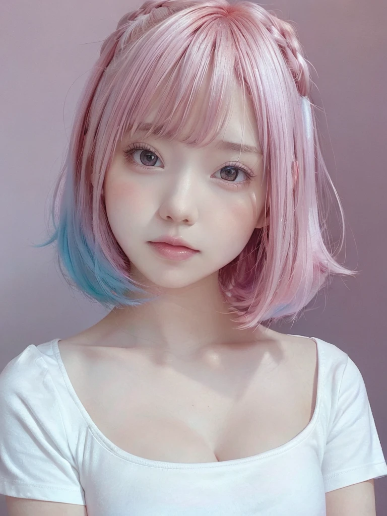 pretty girl, Pink Lips, Wearing a bright white shirt, In the style of a soft aurora punk color palette, Anime illustration of her face, Animated GIFs, Hand-drawn animation, Attractive sketch, Soft and bright, A vague romanticism, Super Plain Style, White--Air Background 1:1--Rainbow 5--Expressive Style