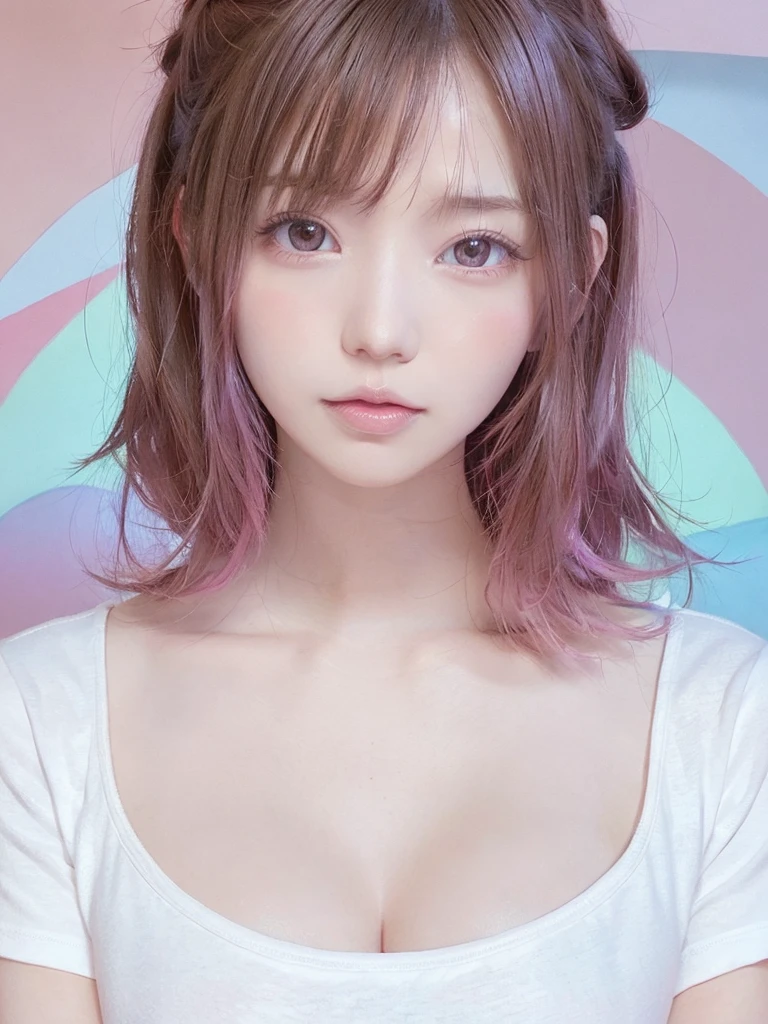 pretty girl, Pink Lips, Wearing a bright white shirt, In the style of a soft aurora punk color palette, Anime illustration of her face, Animated GIFs, Hand-drawn animation, Attractive sketch, Soft and bright, A vague romanticism, Super Plain Style, White--Air Background 1:1--Rainbow 5--Expressive Style