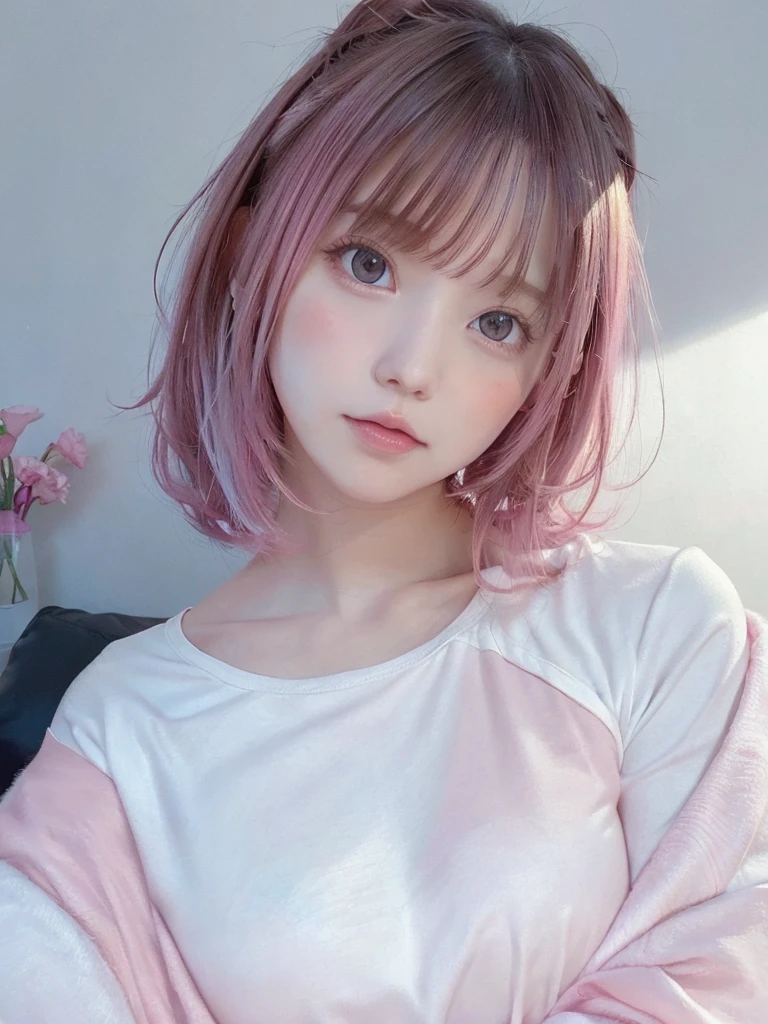 pretty girl, Pink Lips, Wearing a bright white shirt, In the style of a soft aurora punk color palette, Anime illustration of her face, Animated GIFs, Hand-drawn animation, Attractive sketch, Soft and bright, A vague romanticism, Super Plain Style, White--Air Background 1:1--Rainbow 5--Expressive Style